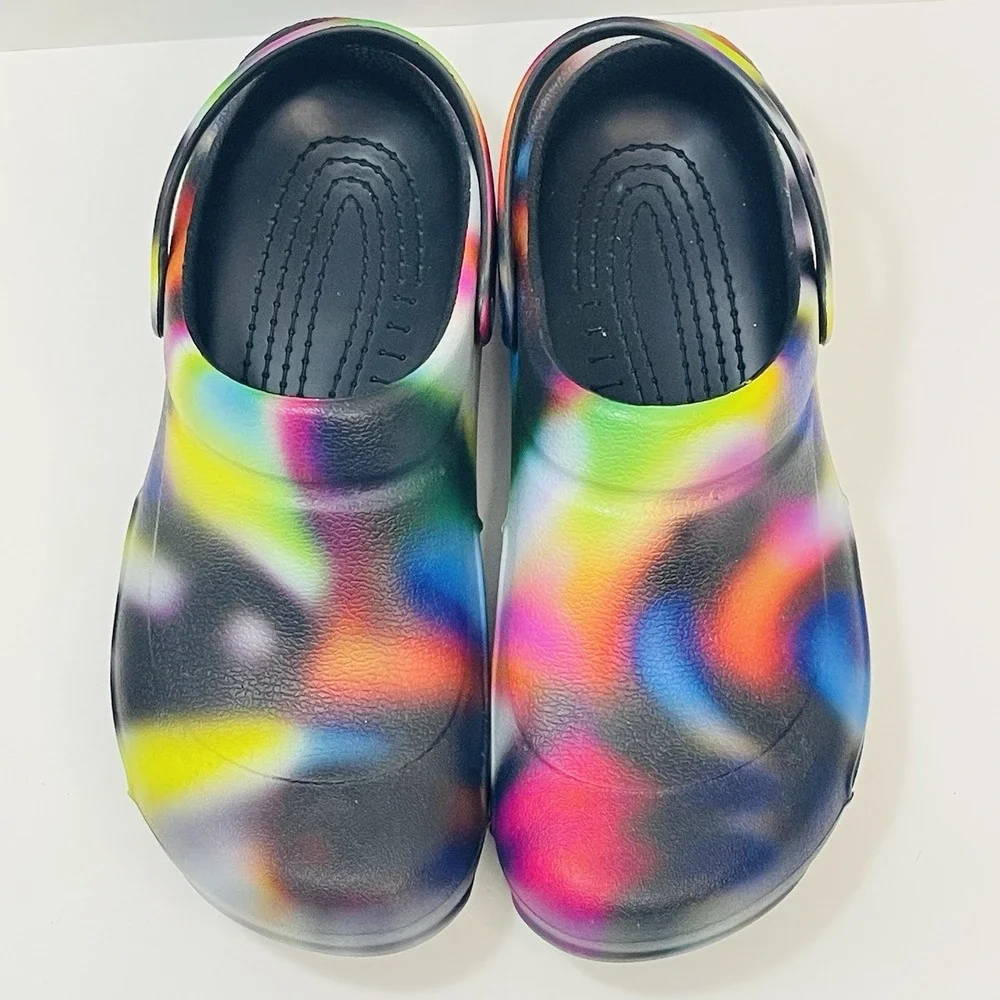 Crocs‎ Clogs Men 12 Tie Dye Bistro Multi Color Graphic Slip Resistant Work EUC